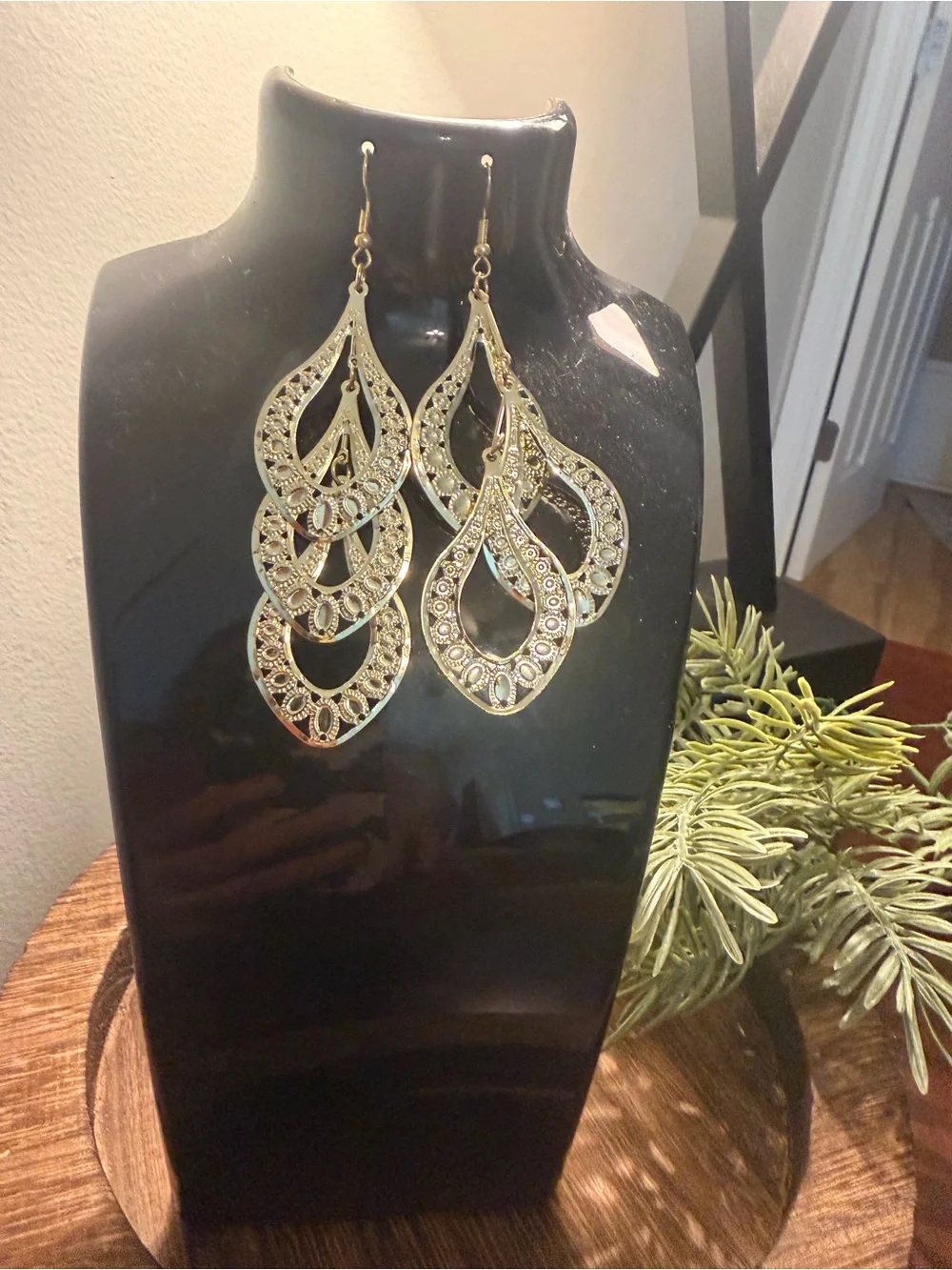 SHEIN Gold-Tone Filigree Teardrop Faux Floral Earrings